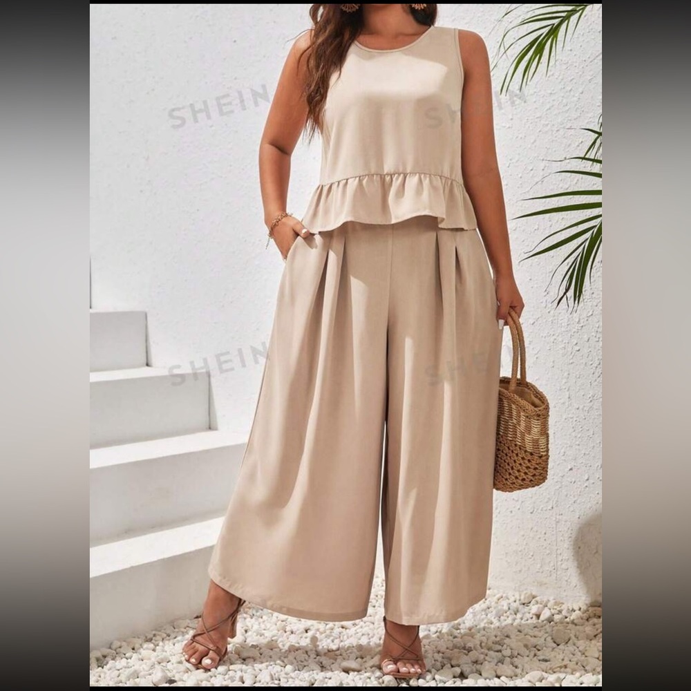 Plus Ruffle Hem Top and Wide Leg Bottom Set